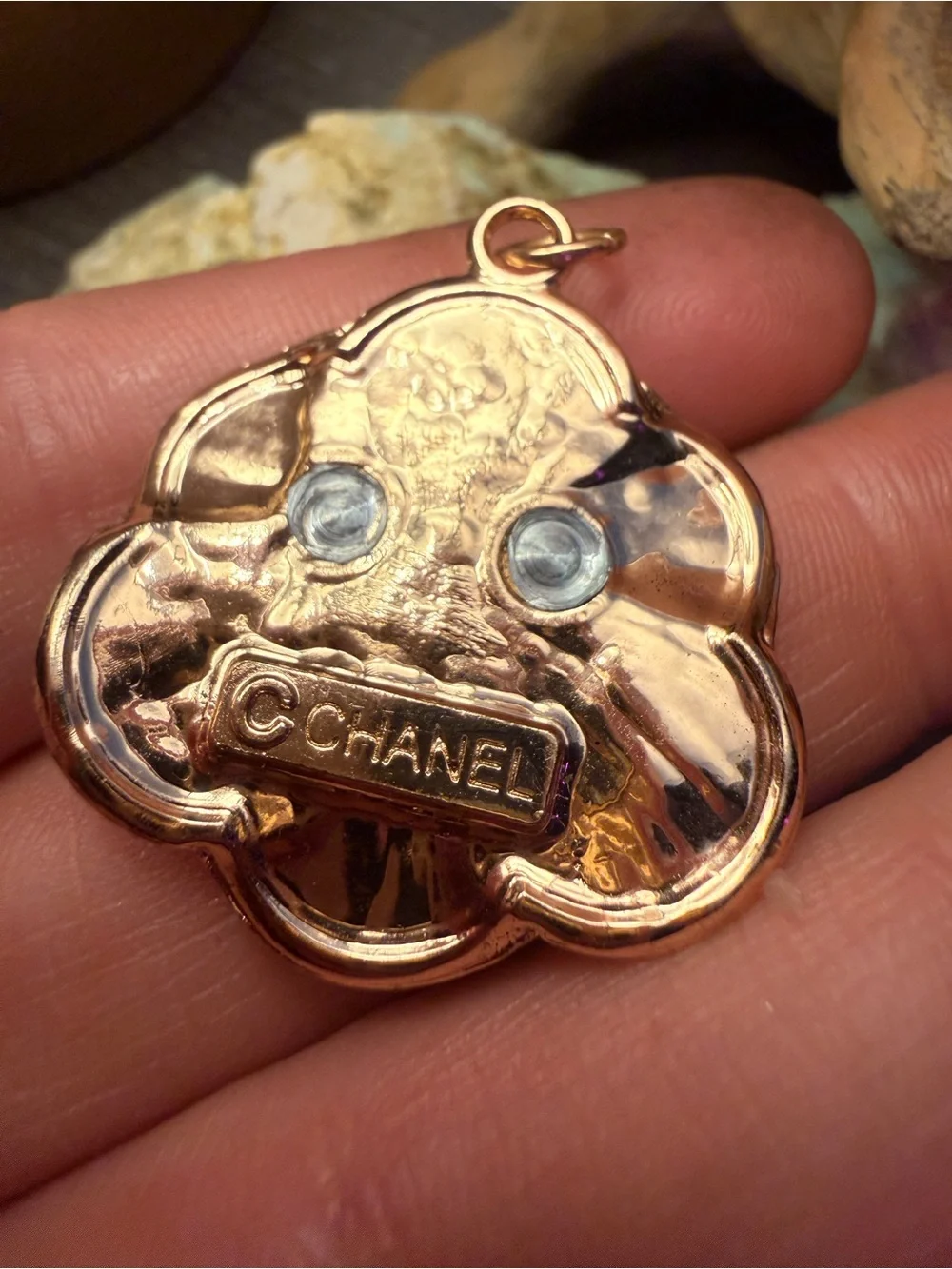 CHANEL Authentic White Enamel Camellia Flower Pendant with Gold Trim